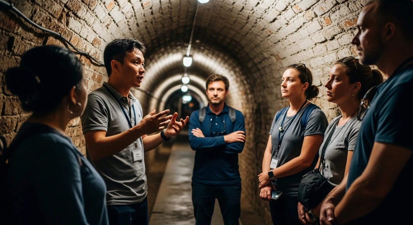 A guide explaining the history of Vinh Moc tunnels to a group of tourists inside