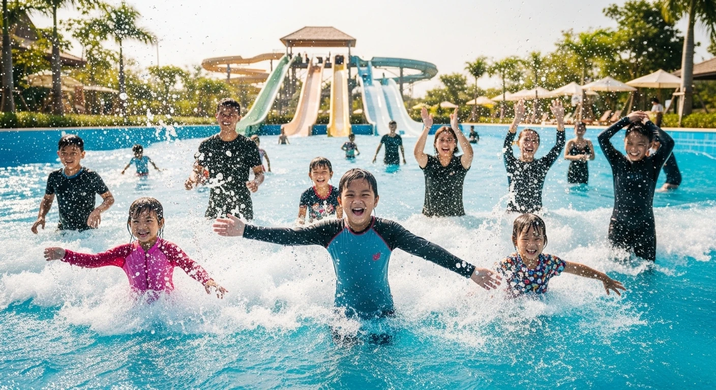 People enjoying the wave pool at VinWonders Nha Trang water park