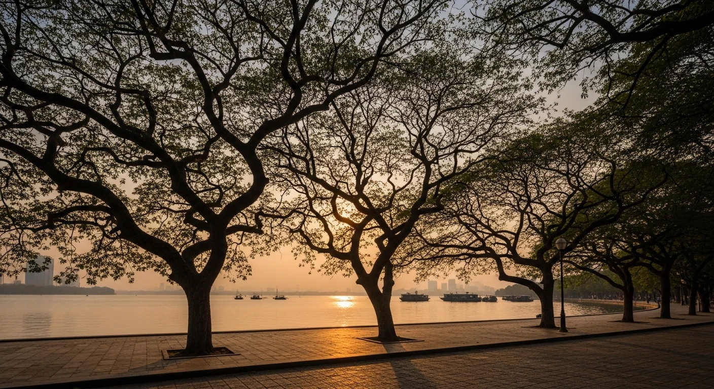 A serene view of West Lake in Hanoi with trees lining the shore