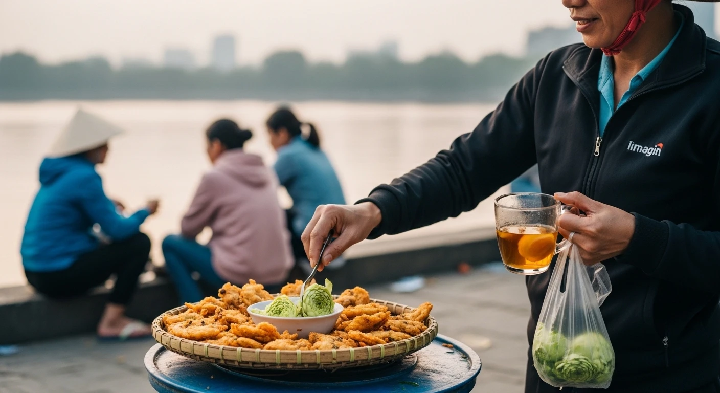 A street vendor selling lotus tea and snacks by West Lake with locals in the background